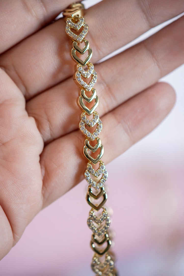 Emily Heart Shape Alternating Pavé Gold Filled Bracelet
