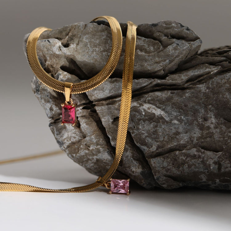 Vail Gold Plated Flat Snake Chain Necklace Rose Red Stone - Non Tarnish
