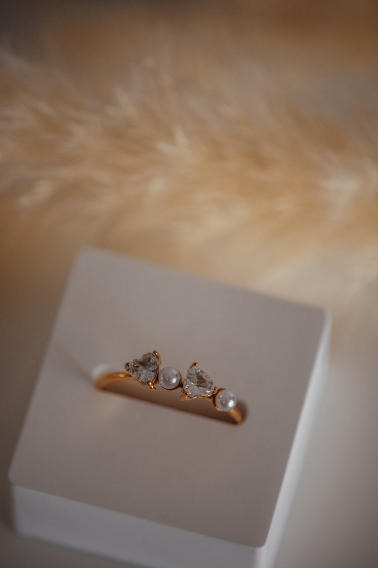 Koryn Open Size Heart and Pearl Adjustable Ring in Gold