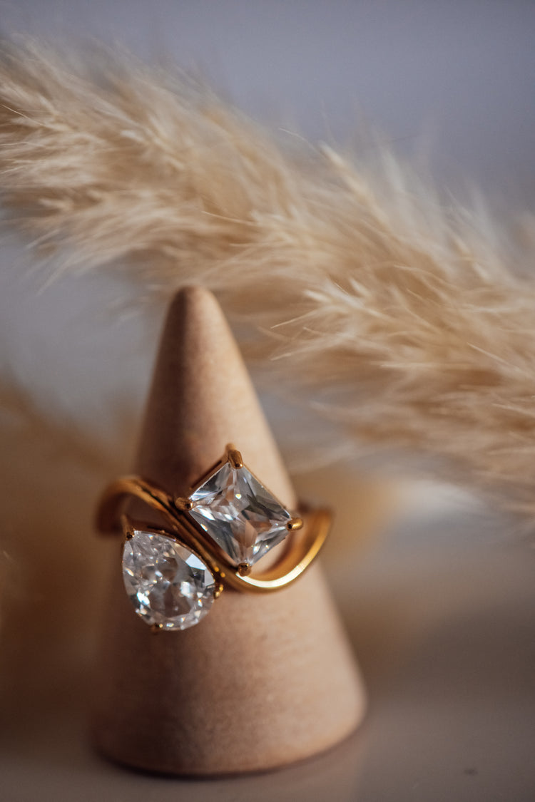 Miren Dual Stone Cubic Zirconia Gold Ring - Non-Tarnish Hypoallergenic