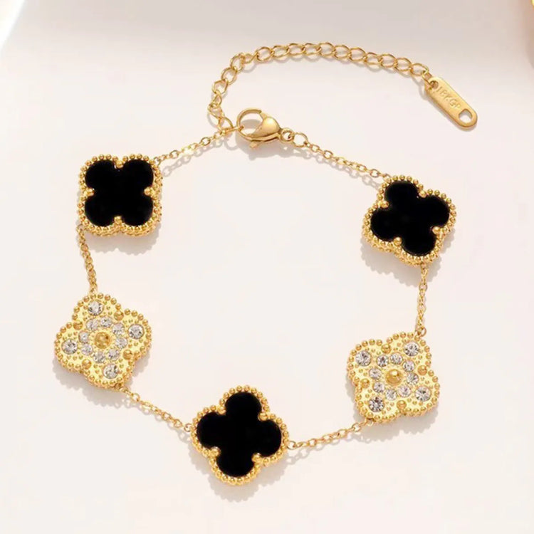 Black and Gold Diamond Clustered Clover Bracelet