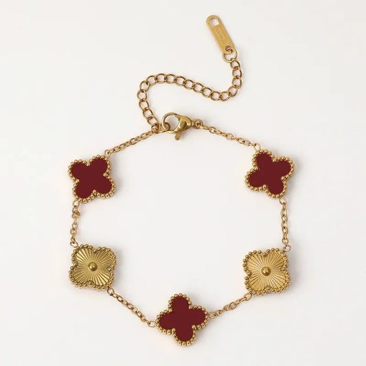 Red and Gold Clover Bracelet Non Tarnish Stainless Steel