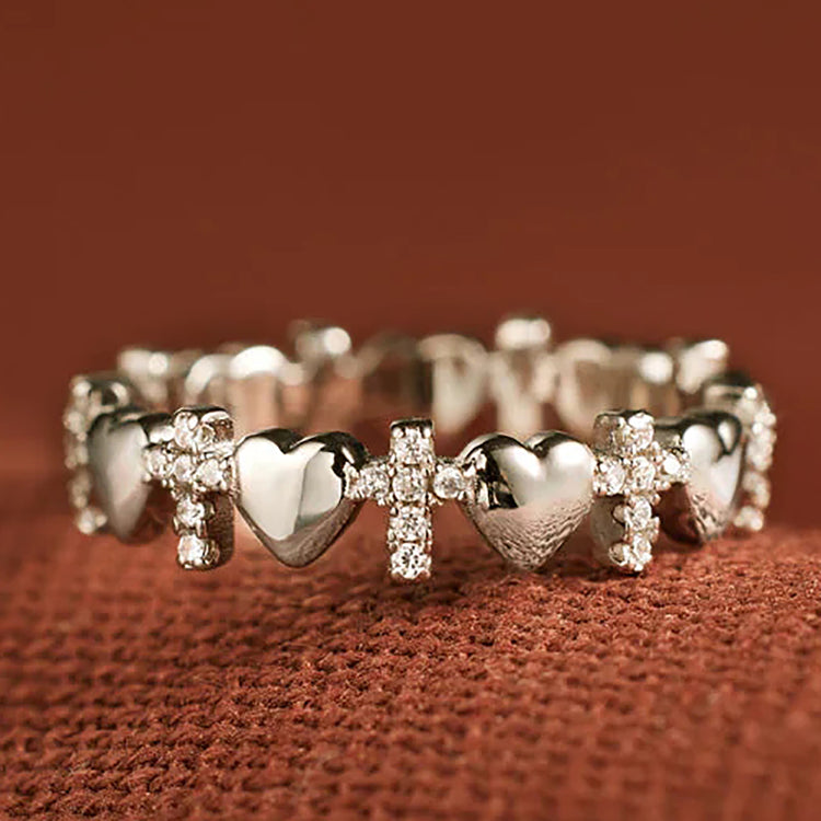 Orel Hearts and Cross Silver Ring Band