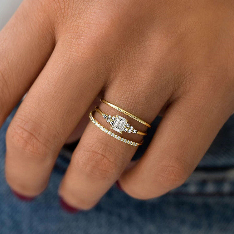 Sera 3PC Rectangular Stone Gold Plated Ring