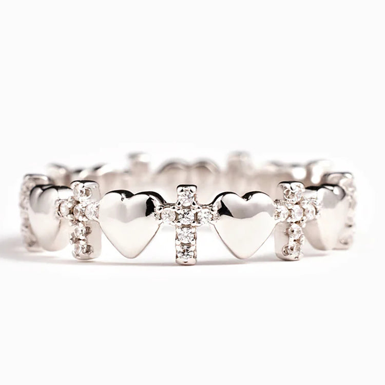 Orel Hearts and Cross Silver Ring Band