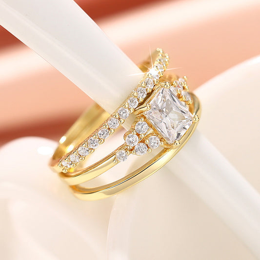 Sera 3PC Rectangular Stone Gold Plated Ring