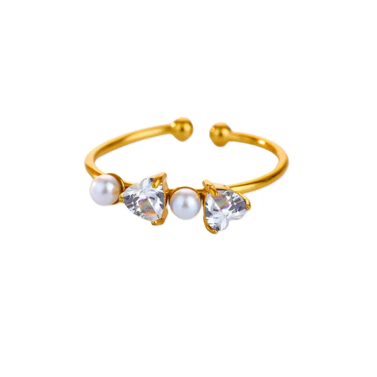 Koryn Open Size Heart and Pearl Adjustable Ring in Gold