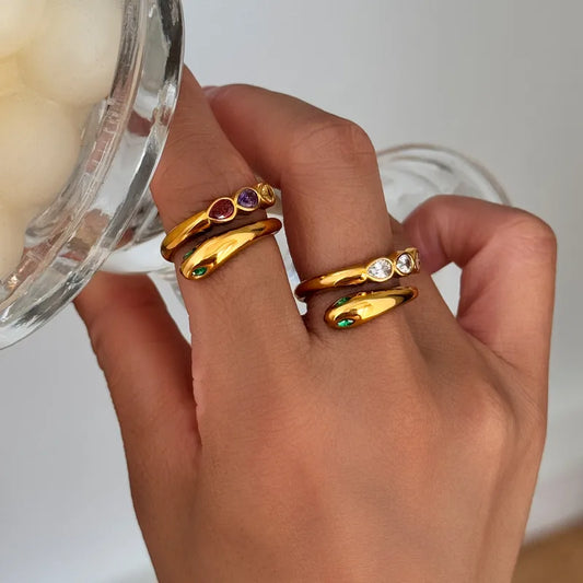 Aubrey Multi Stone Stainless Steel 18K Gold Plated Open Size Ring