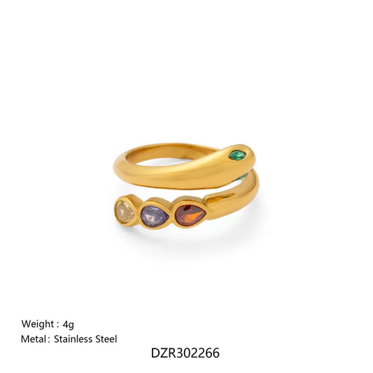 Aubrey Multi Stone Stainless Steel 18K Gold Plated Open Size Ring