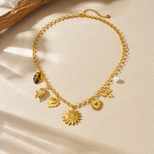 Honey Sun Moon and Bow Pendant Gold Necklace