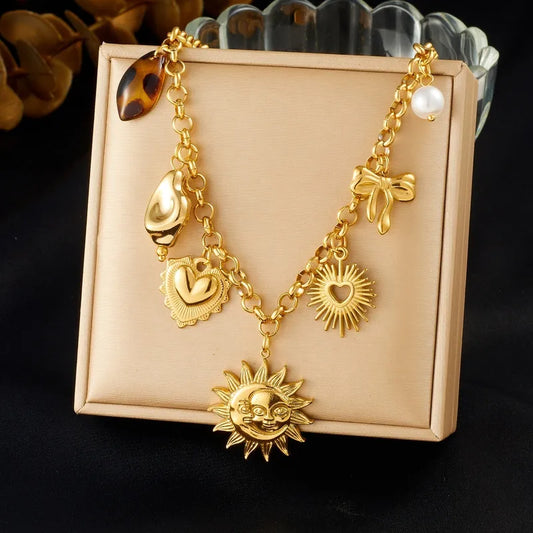 Honey Sun Moon and Bow Pendant Gold Necklace