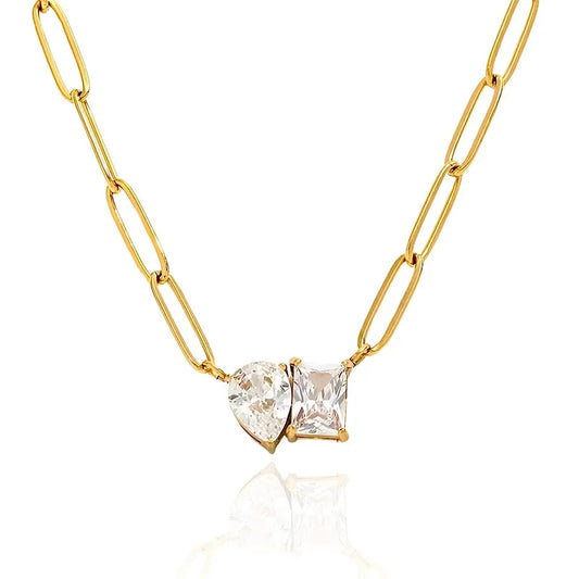 Veil Dual Stone Paper Clip Chain Gold Necklace