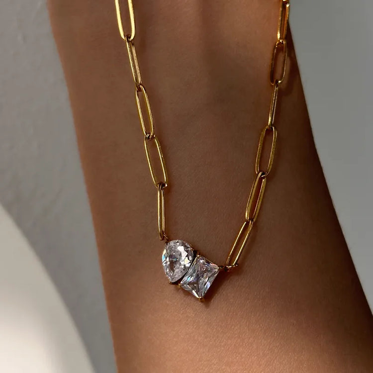 Veil Dual Stone Paper Clip Chain Gold Necklace