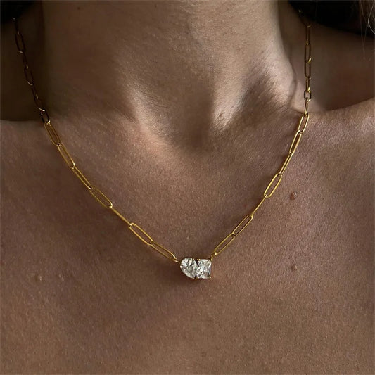 Veil Dual Stone Paper Clip Chain Gold Necklace