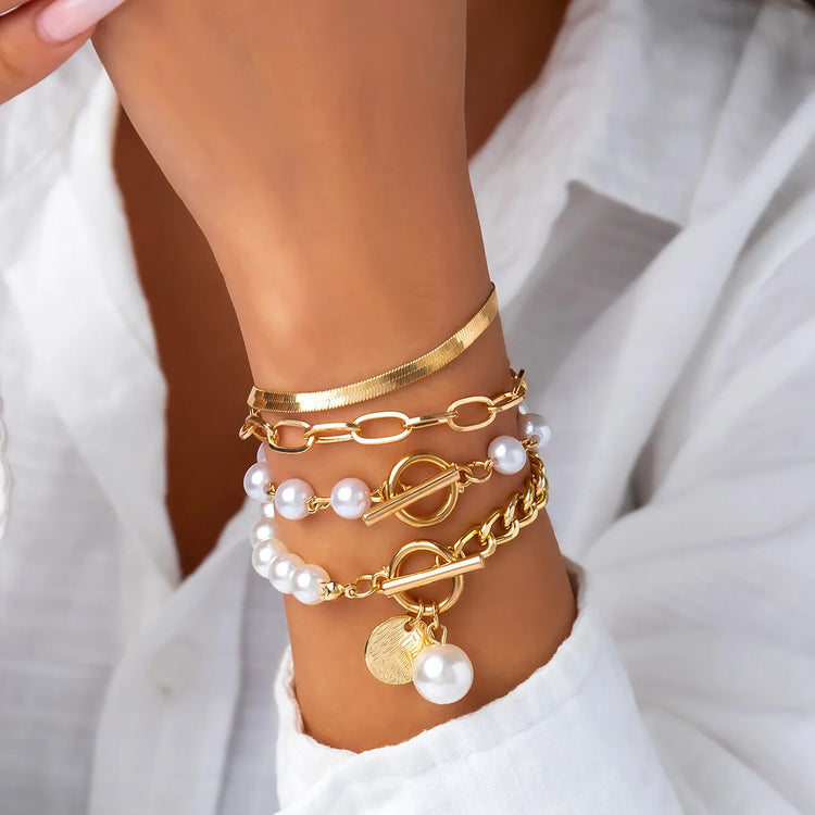 Cira Faux Pearl 4PC Set Gold Bracelet