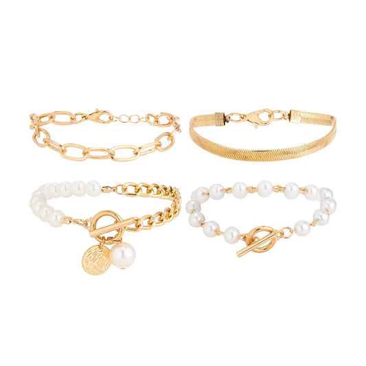 Cira Faux Pearl 4PC Set Gold Bracelet