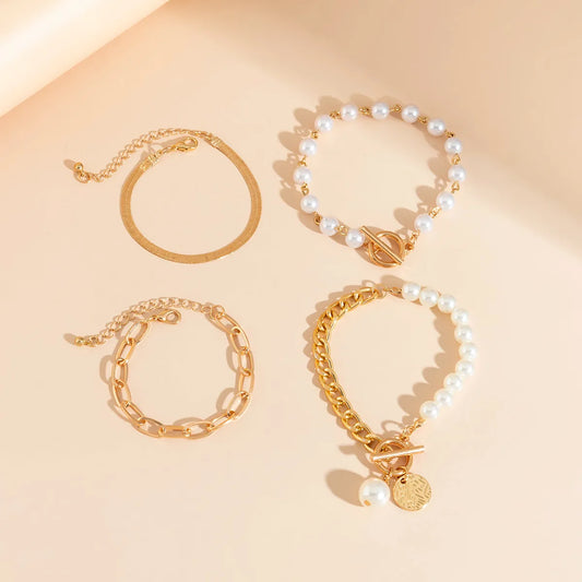 Cira Faux Pearl 4PC Set Gold Bracelet