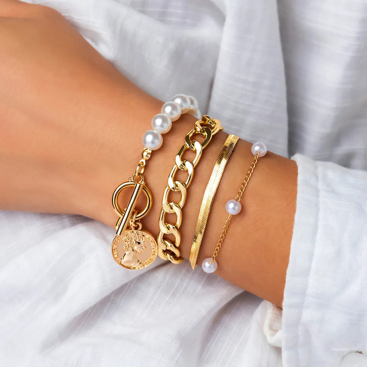 Viera Faux Pearl 4PC Gold Bracelet