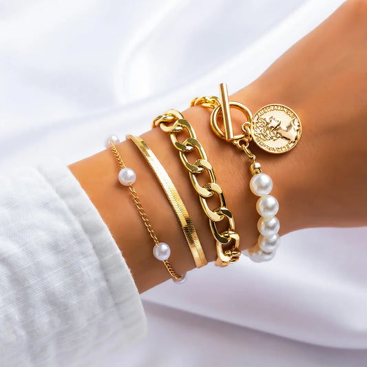 Viera Faux Pearl 4PC Gold Bracelet
