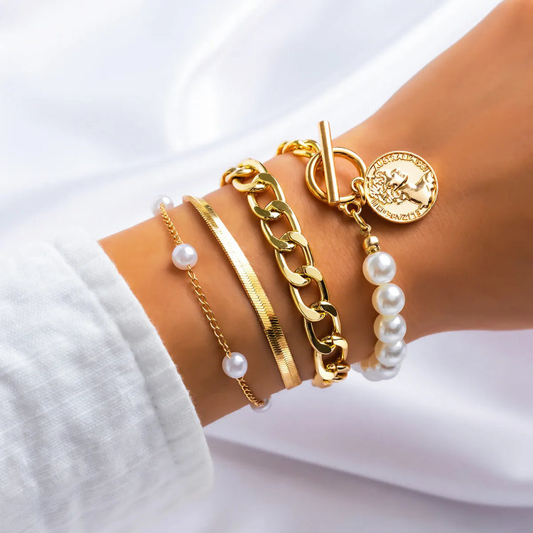 Viera Faux Pearl 4PC Gold Bracelet