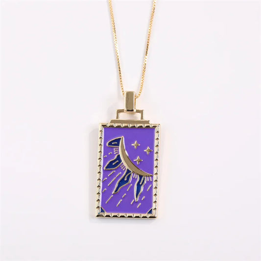 Sun and Stars Rectangular Amulet Gold Necklace