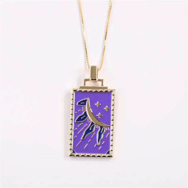 Sun and Stars Rectangular Amulet Gold Necklace