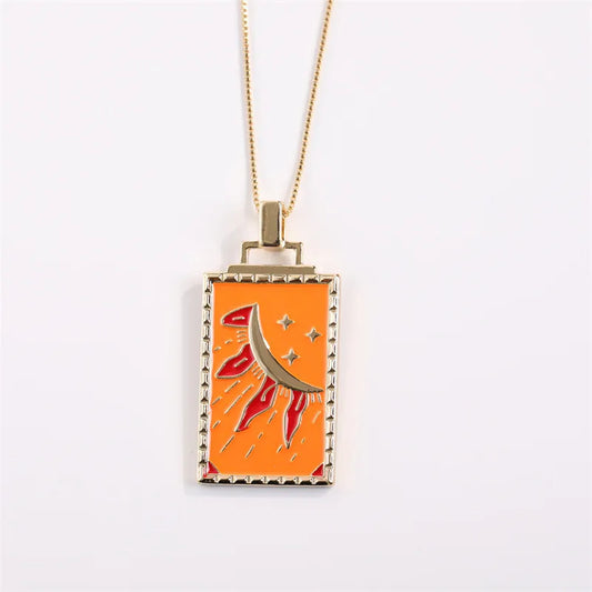 Sun and Stars Rectangular Amulet Gold Necklace