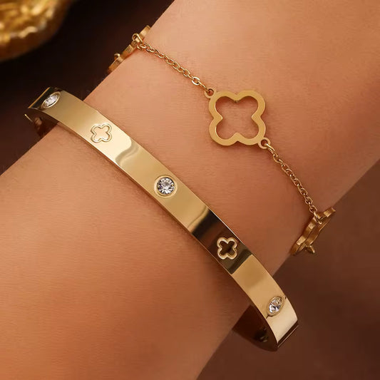 Cindi 2PC Clover Bangle & Bracelet Set in Gold