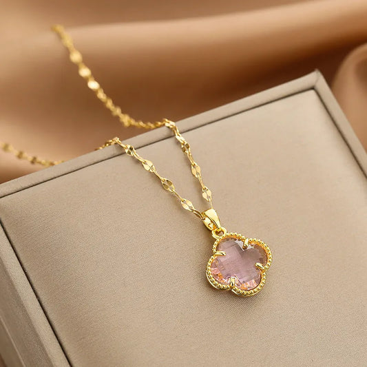 Pink Clover Glass Necklace in Gold Stainless Steel