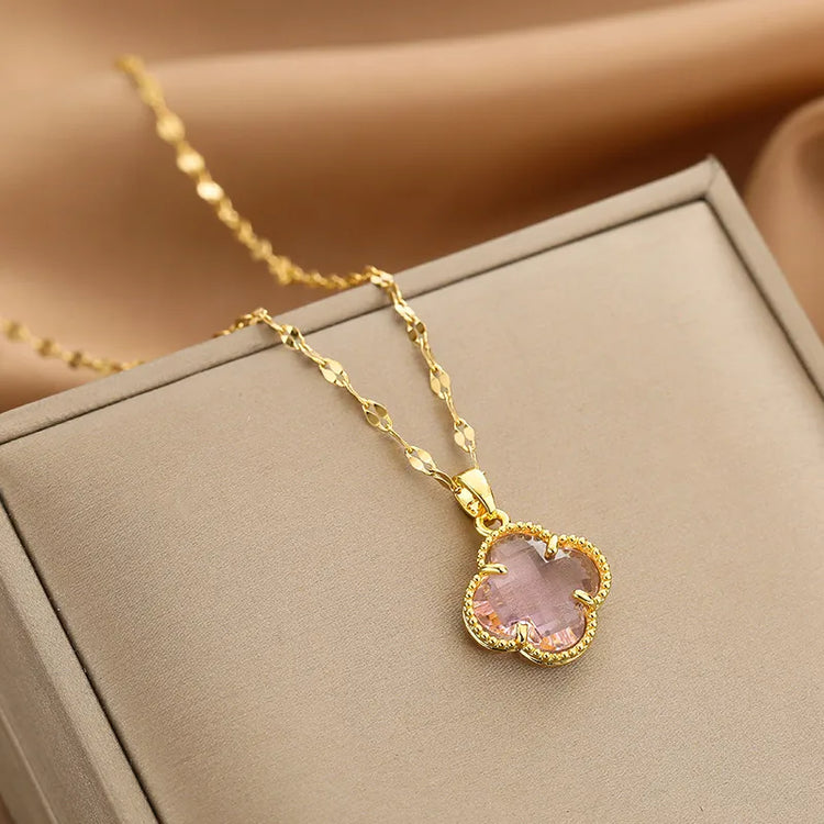 Pink Clover Glass Necklace in Gold Stainless Steel
