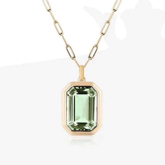 Seafoam Light Emerald Cut Pendant in Paperclip Gold Chain Necklace