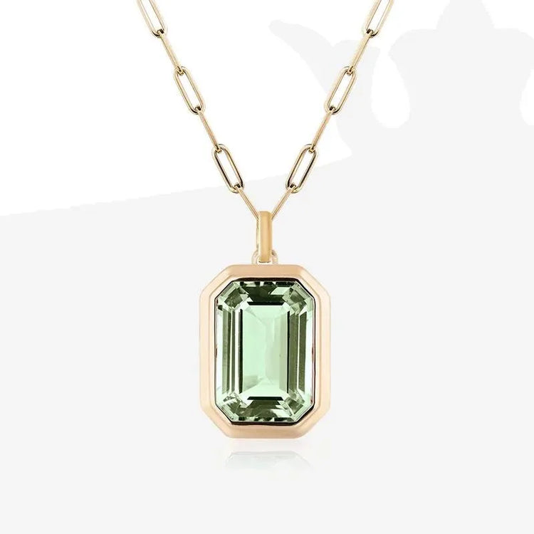Seafoam Light Emerald Cut Pendant in Paperclip Gold Chain Necklace