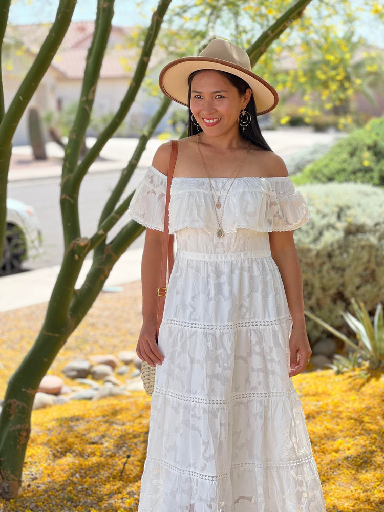 Angela White Off-the-shoulder Ruffled Lace Maxi Dress