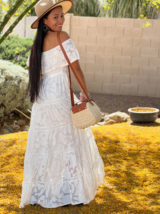 Angela White Off-the-shoulder Ruffled Lace Maxi Dress