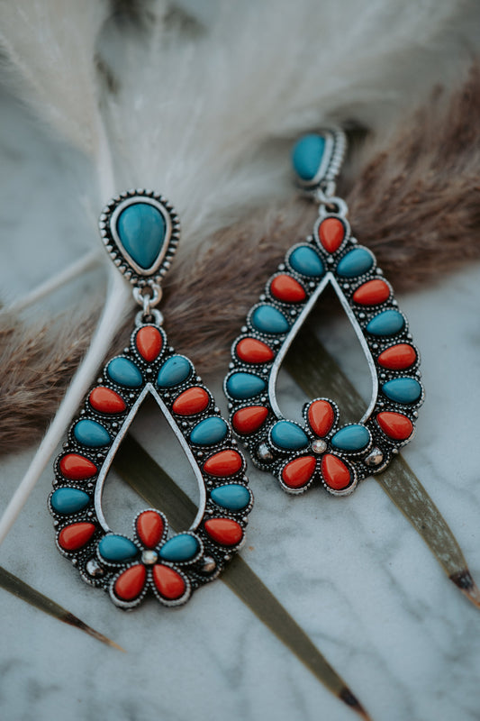 Western Turquoise Drop Earrings Red & Blue
