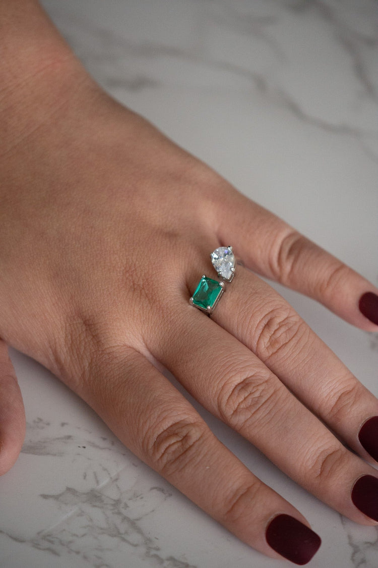 Trin Emerald and Pear Cubic Zirconia Sterling Silver Ring Open Size
