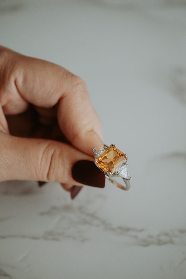 Alyssa Citrine Gem Emerald Cut Sterling Silver Ring