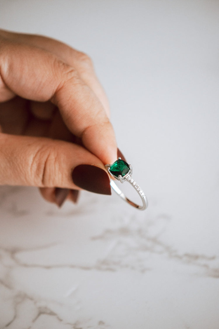 Sandy Emerald Cushion Sterling Silver Ring