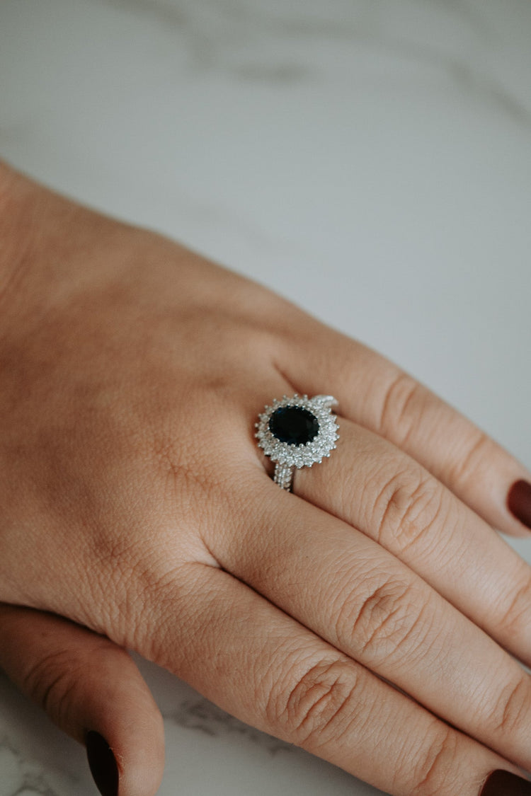 Lady D Sapphire Oval Cut Sterling Silver Ring