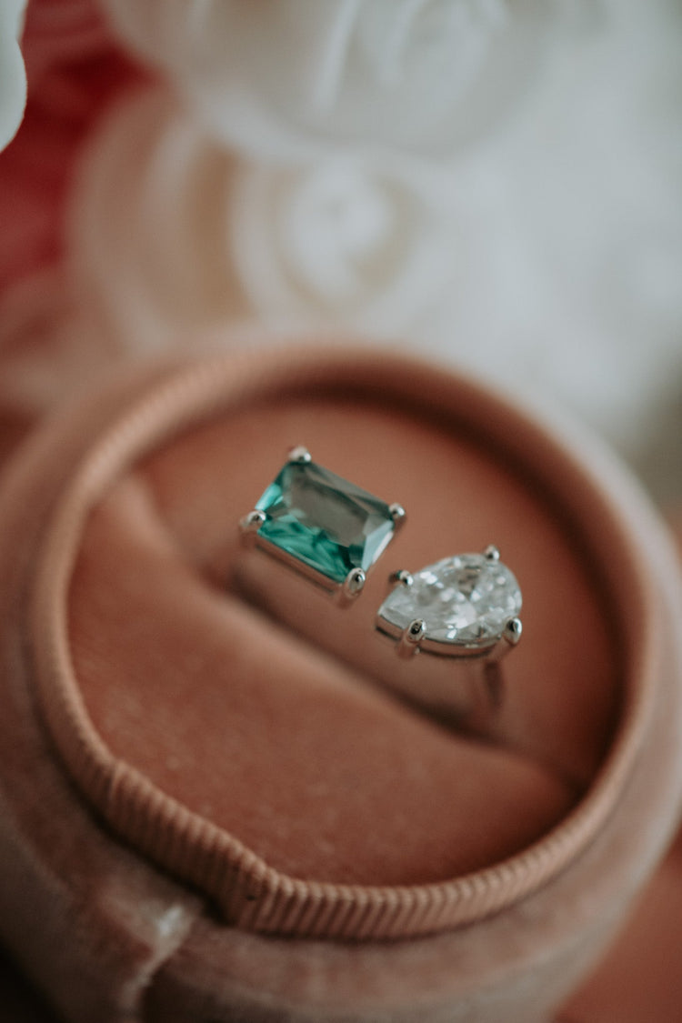 Trin Emerald and Pear Cubic Zirconia Sterling Silver Ring Open Size