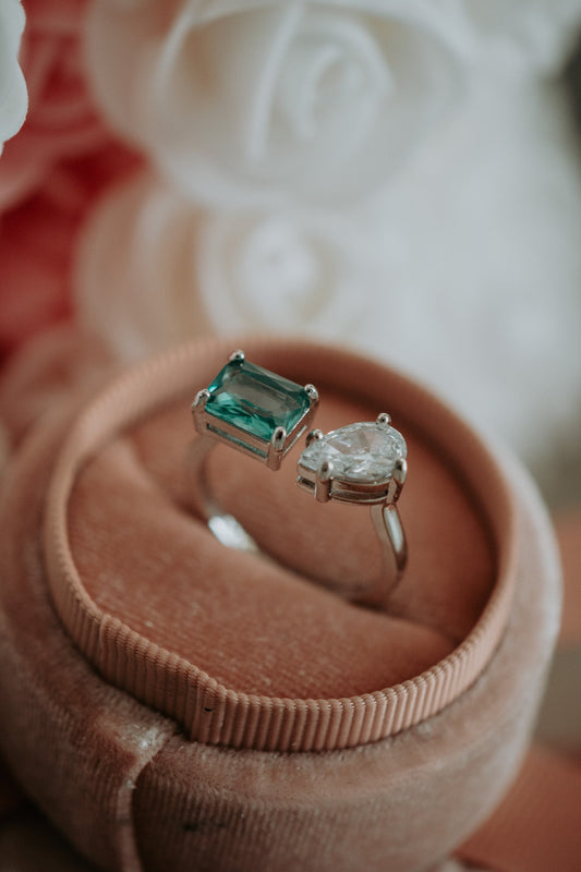 Trin Emerald and Pear Cubic Zirconia Sterling Silver Ring Open Size