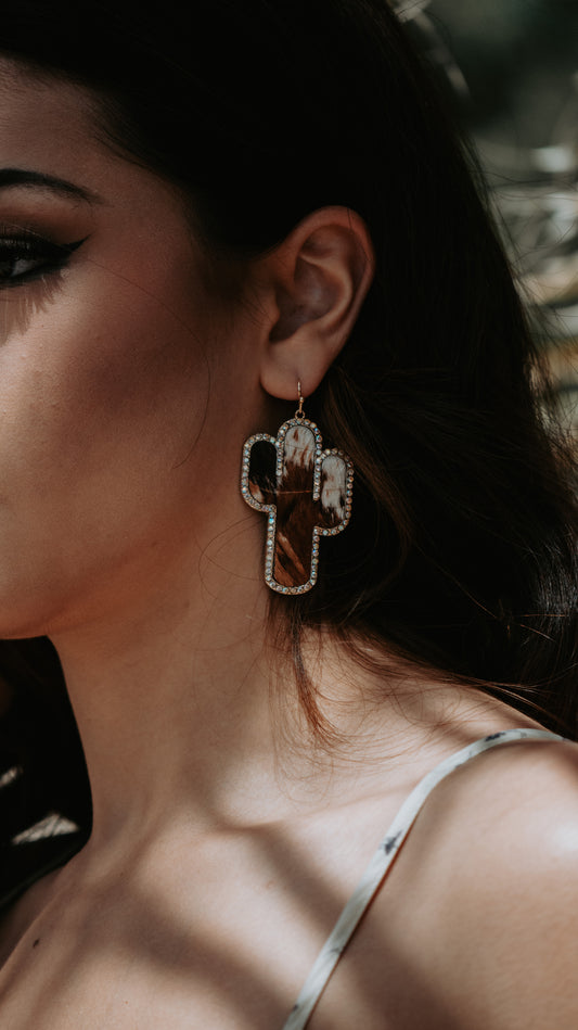 Cactus Cowhide Genuine Leather Rhinestone Drop Earrings