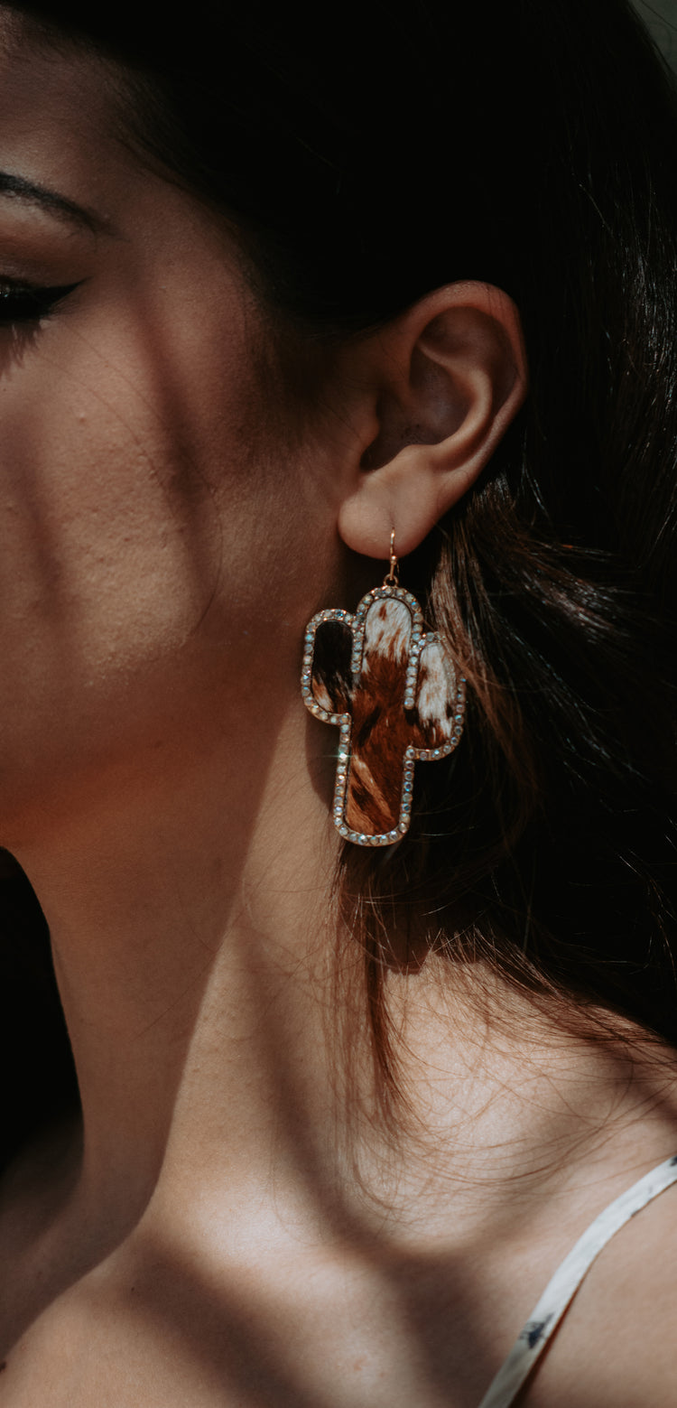 Cactus Cowhide Genuine Leather Rhinestone Drop Earrings