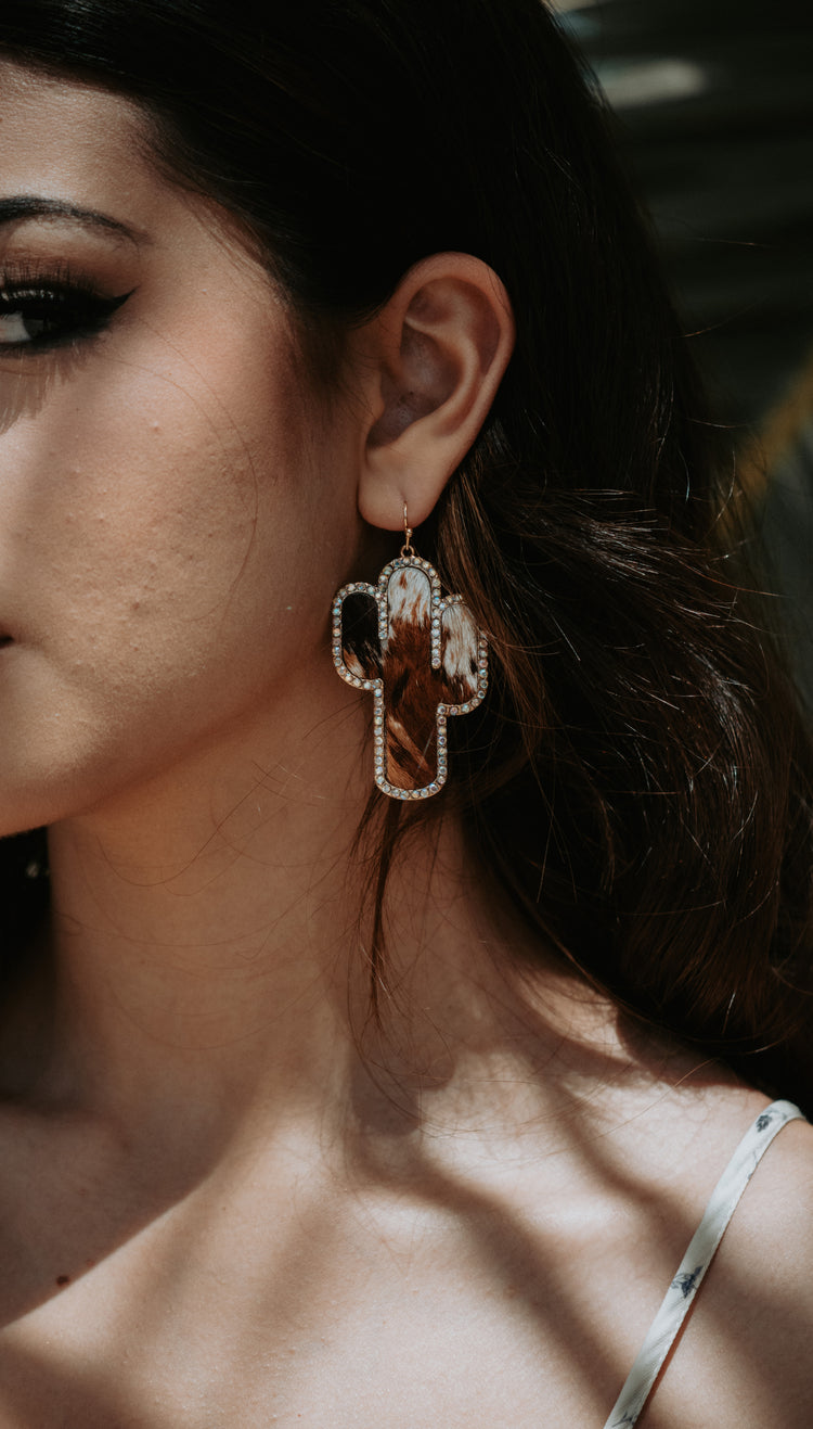 Cactus Cowhide Genuine Leather Rhinestone Drop Earrings