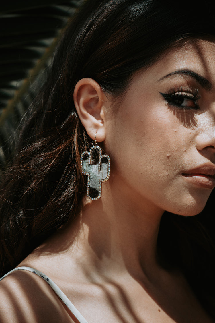 Cactus Grey Cowhide Genuine Leather Rhinestone Drop Earrings