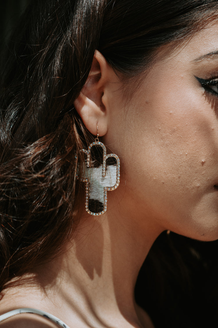 Cactus Grey Cowhide Genuine Leather Rhinestone Drop Earrings