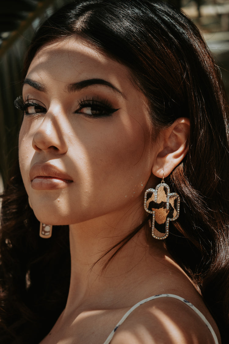 Cactus Leopard Genuine Leather Rhinestone Drop Earrings