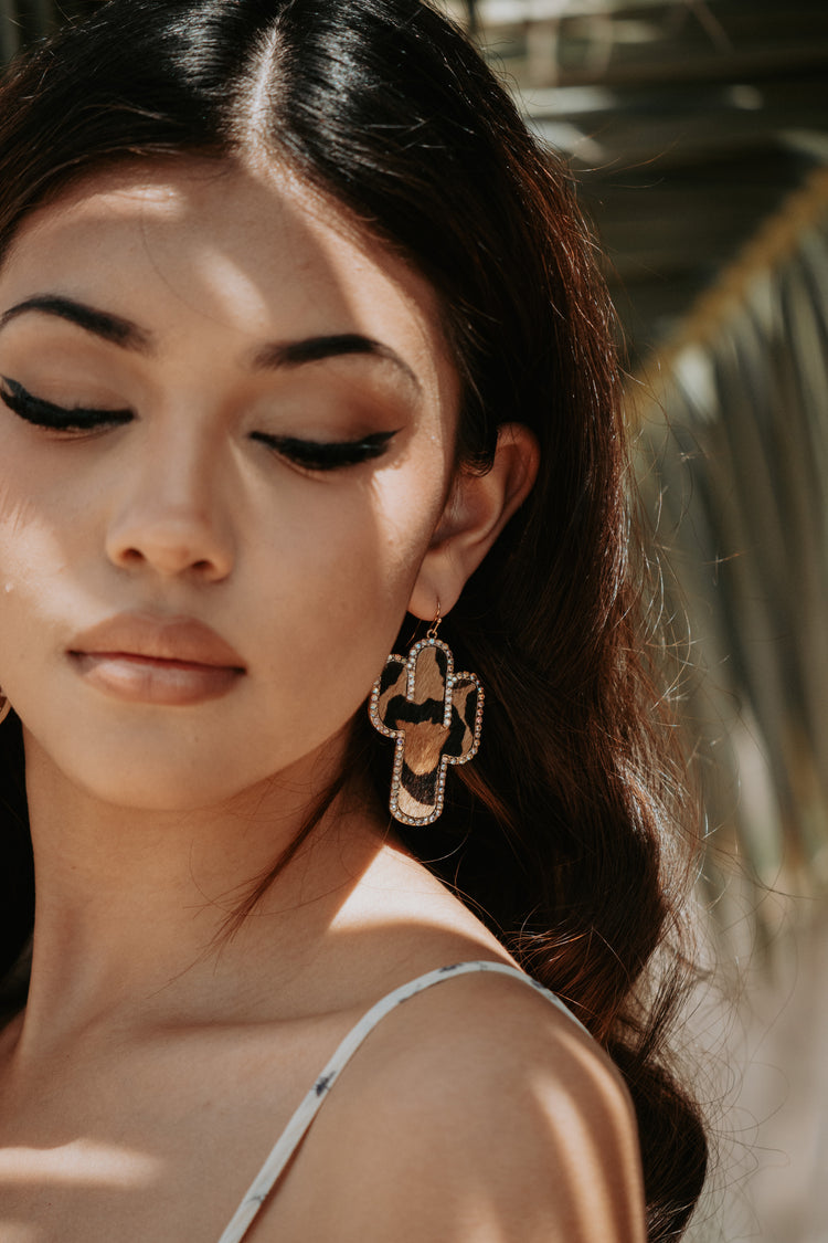 Cactus Leopard Genuine Leather Rhinestone Drop Earrings