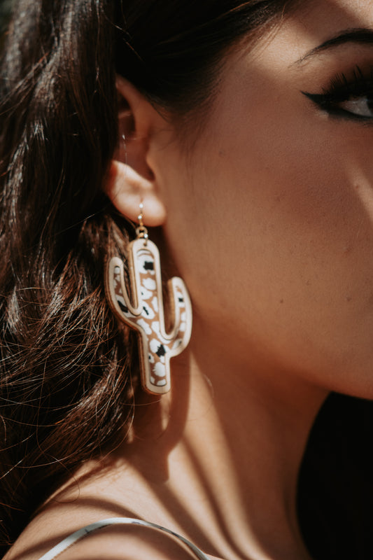Cactus Wooden Leopard Beige Drop Earrings