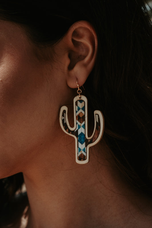 Cactus Wooden Blue Multi Drop Earrings